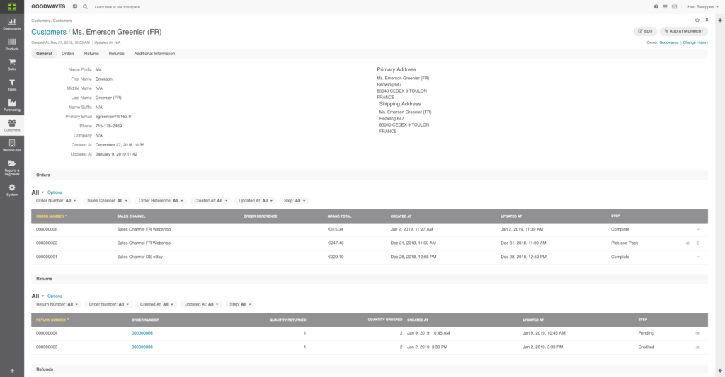 Screenshot of the customer view in Marello