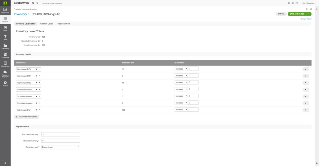 Screenshot of inventory edit in Marello