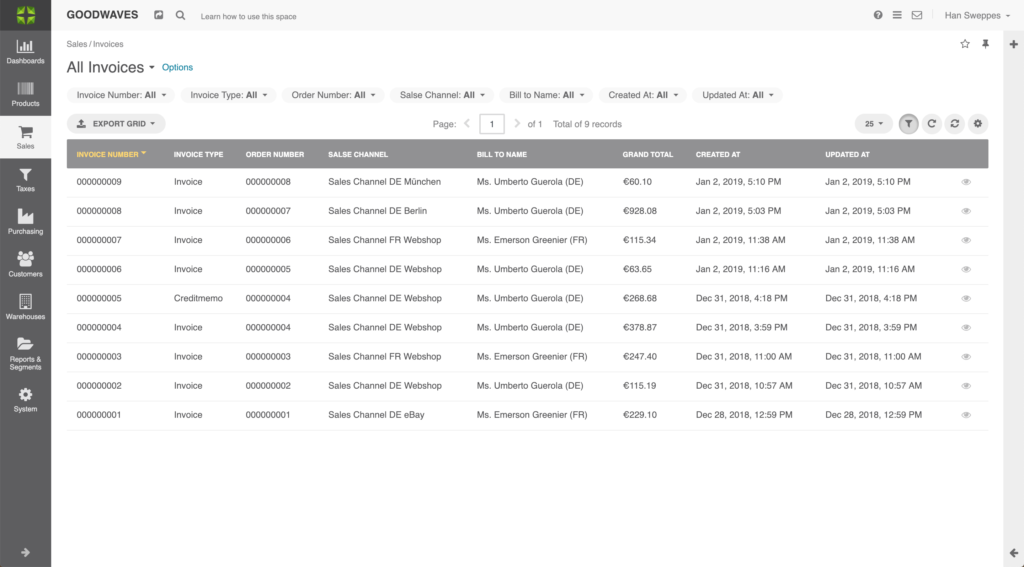 Screenshot of the Invoice grid in Marello