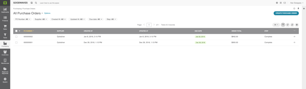 Purchase order grid screenshot from Marello