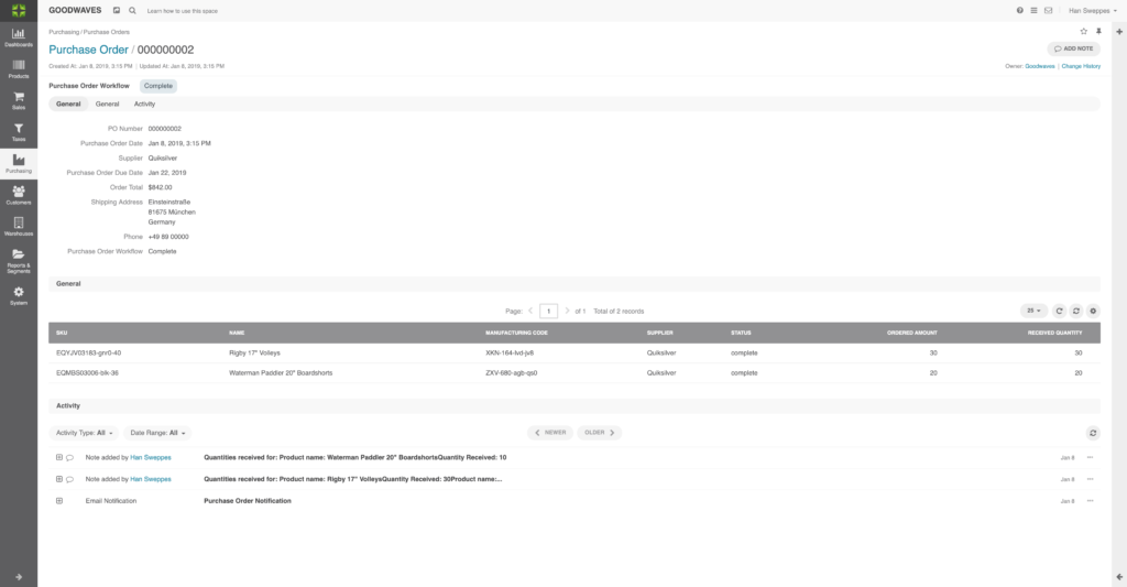 Screenshot of purchase order view in Marello