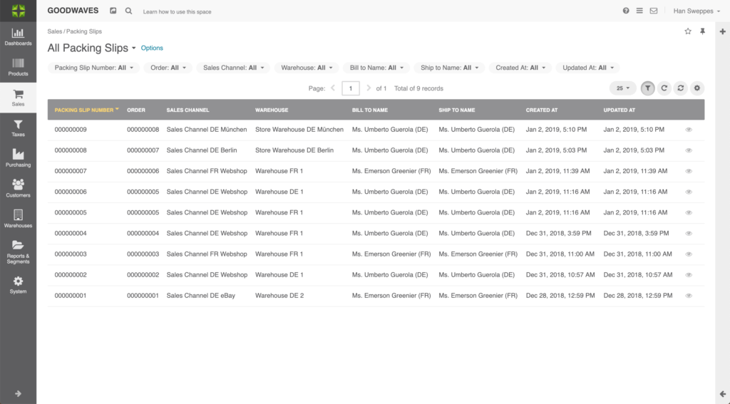 Screenshot of the Packing Slip Grid