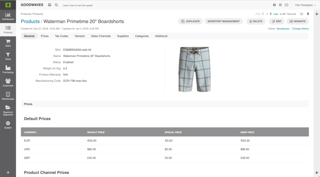 Screenshot of product view in Marello