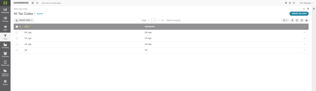 Marello screenshot of the Tax Code grid