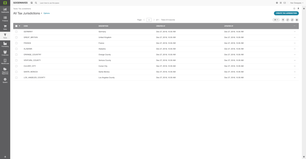 Screenshot of the Tax Jurisdiction Grid in Marello