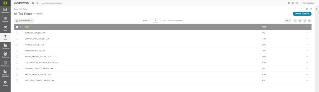 Screenshot of the tax rate grid in Marello