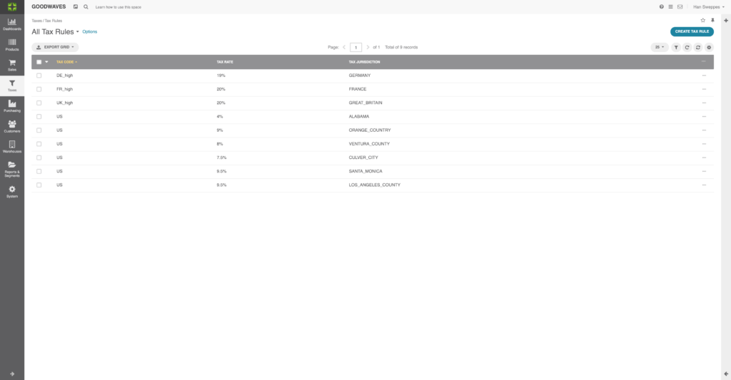 Screenshot of the Tax Rules Grid in Marello