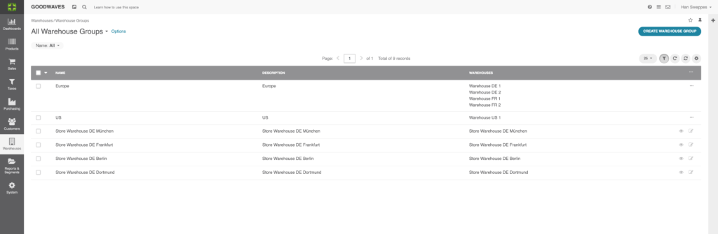 Screenshot of the warehouse groups grid in Marello